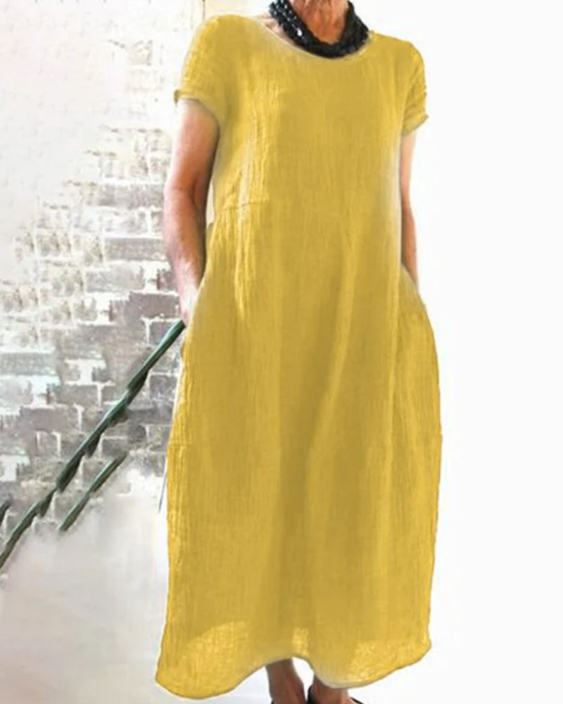 "Bequemes Damen-Midikleid mit kurzen Ärmeln, Rundhalsausschnitt, vielseitigem Stil, in verschiedenen Farben erhältlich."