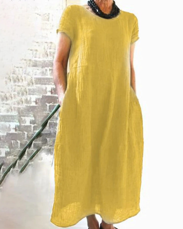 "Bequemes Damen-Midikleid mit kurzen Ärmeln, Rundhalsausschnitt, vielseitigem Stil, in verschiedenen Farben erhältlich."