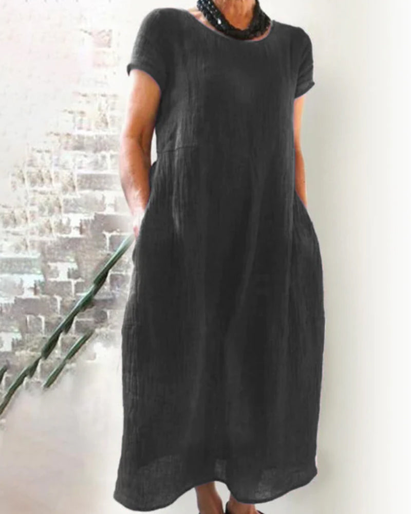 "Bequemes Damen-Midikleid mit kurzen Ärmeln, Rundhalsausschnitt, vielseitigem Stil, in verschiedenen Farben erhältlich."