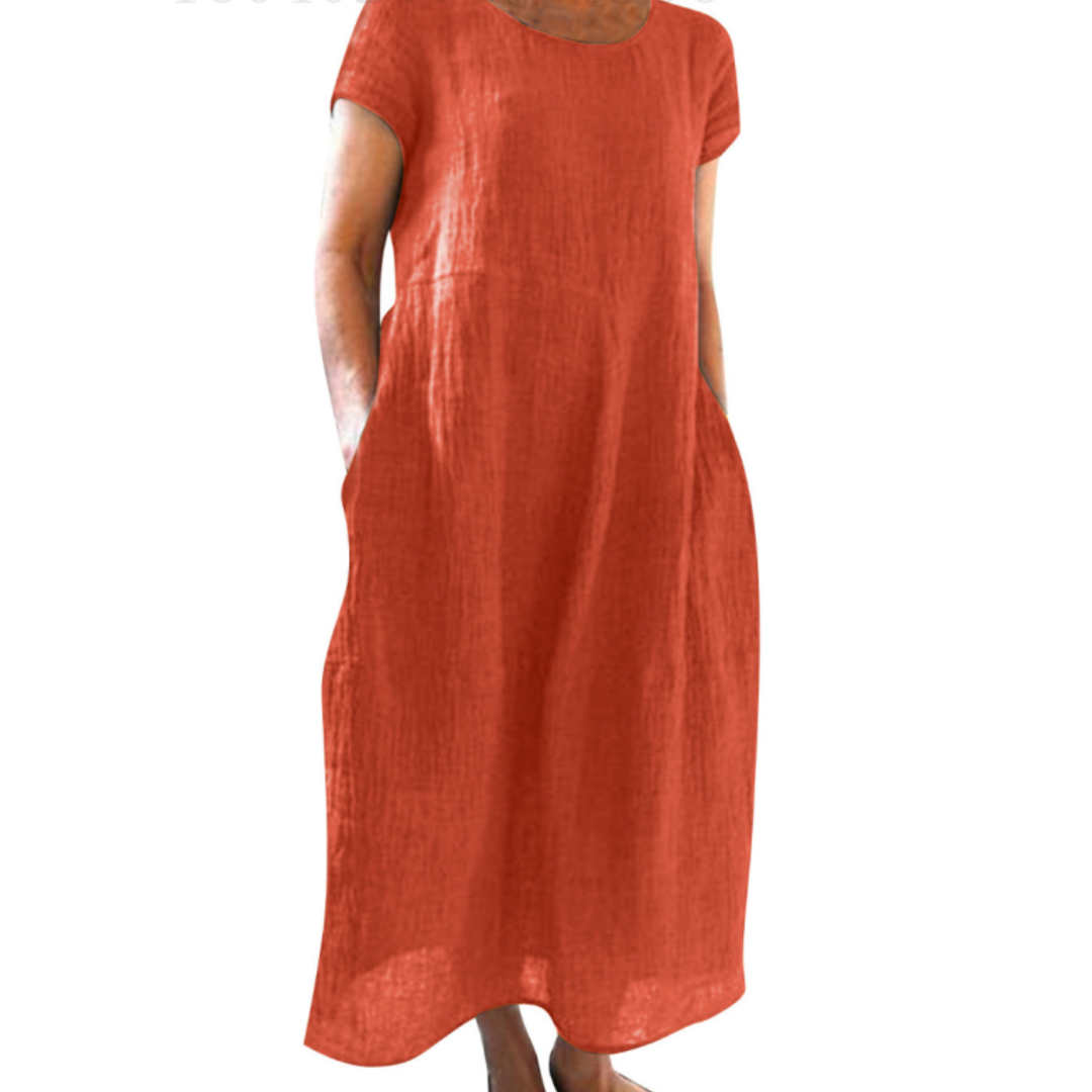 "Bequemes Damen-Midikleid mit kurzen Ärmeln, Rundhalsausschnitt, vielseitigem Stil, in verschiedenen Farben erhältlich."