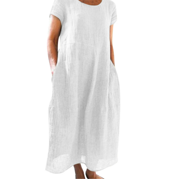 "Bequemes Damen-Midikleid mit kurzen Ärmeln, Rundhalsausschnitt, vielseitigem Stil, in verschiedenen Farben erhältlich."