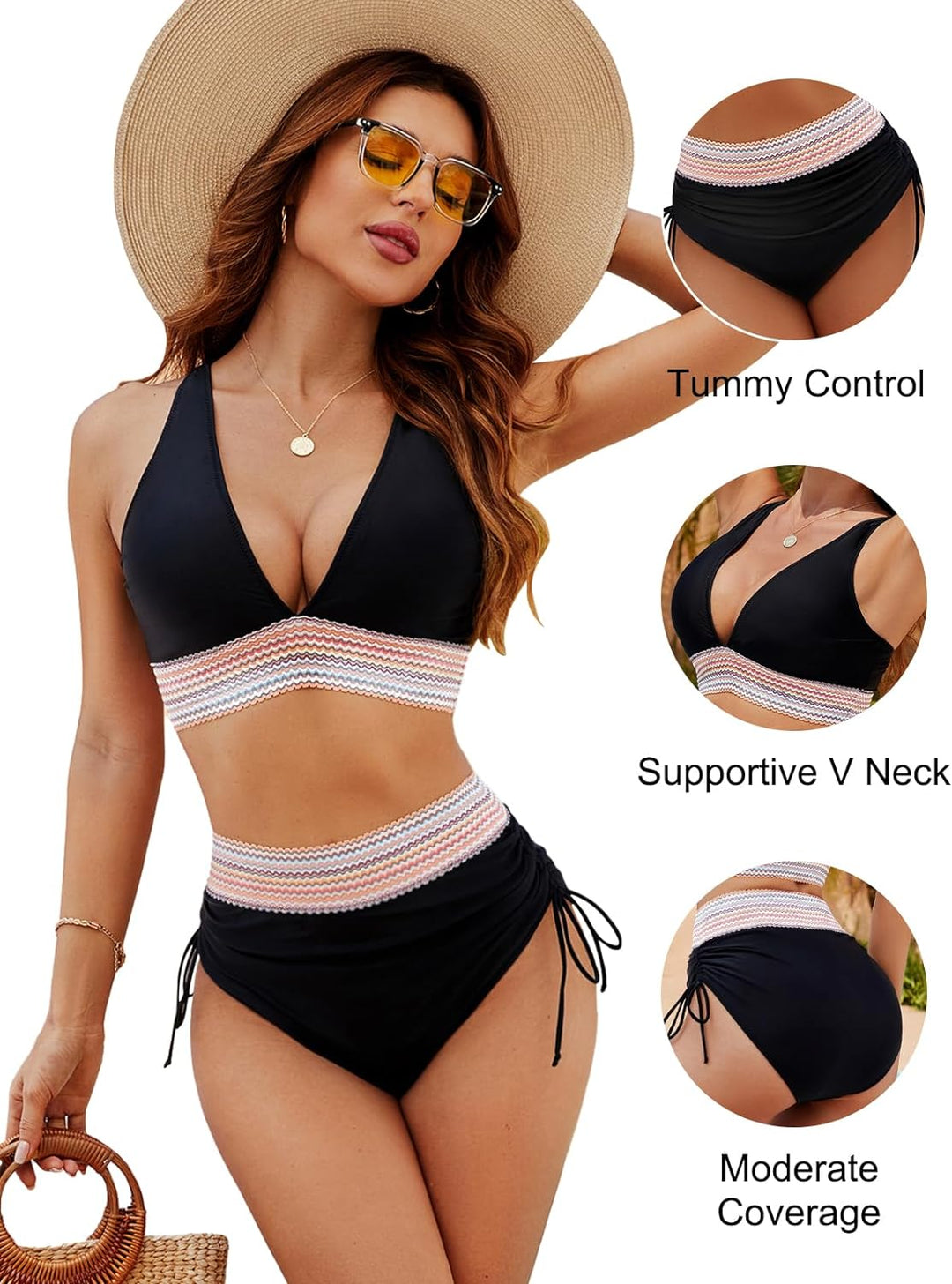 "Bikini mit Bauchkontrolle, hochtailliert, elegante Schnürung, Push-up-Effekt, verstellbare Träger, Damen Beachwear."