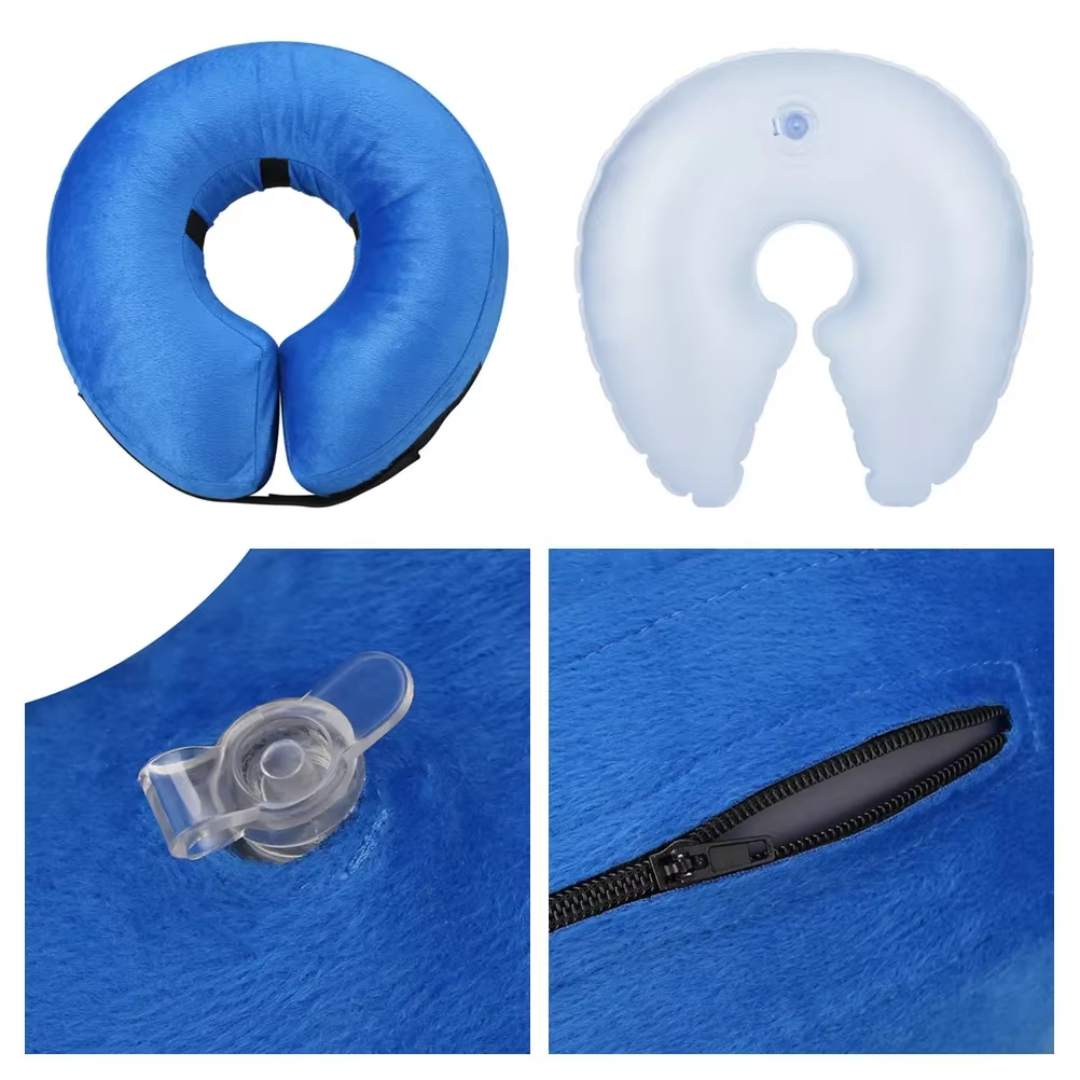 Blauer, aufblasbarer Hundekragen vorne, verstellbar, weich und donutförmig für stressfreie Genesung von Haustieren.