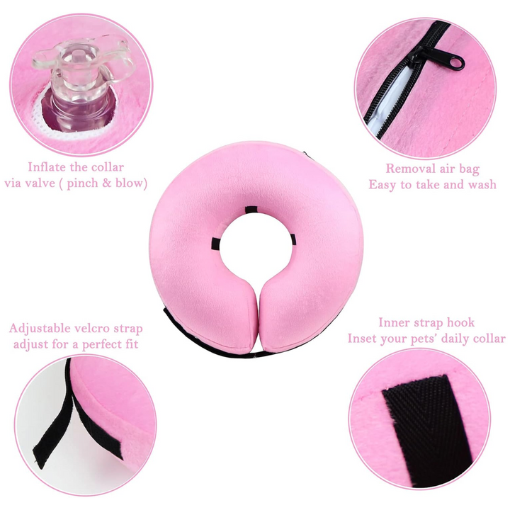 Blauer, aufblasbarer Hundekragen vorne, verstellbar, weich und donutförmig für stressfreie Genesung von Haustieren.
