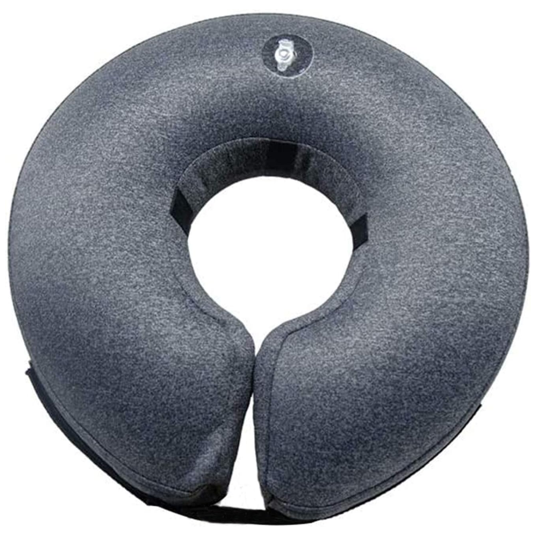 Blauer, aufblasbarer Hundekragen vorne, verstellbar, weich und donutförmig für stressfreie Genesung von Haustieren.