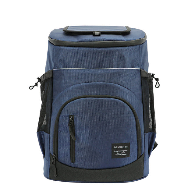 Blauer und schwarzer 33L Rucksack Kühltasche mit großen Fächern und ergonomischen Gurten, ideal für unterwegs.