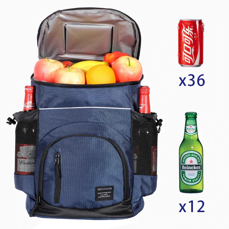 Blauer und schwarzer 33L Rucksack Kühltasche mit großen Fächern und ergonomischen Gurten, ideal für unterwegs.