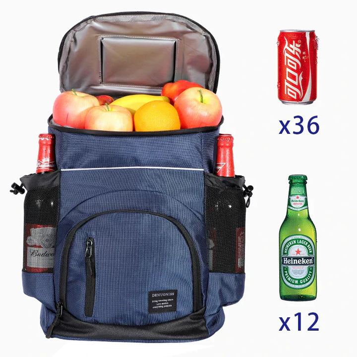 Blauer und schwarzer 33L Rucksack Kühltasche mit großen Fächern und ergonomischen Gurten, ideal für unterwegs.