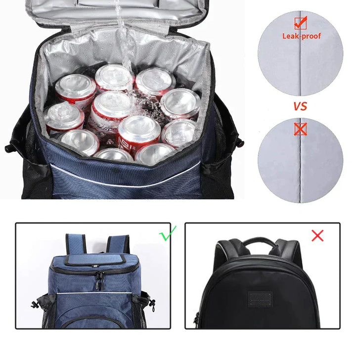Blauer und schwarzer 33L Rucksack Kühltasche mit großen Fächern und ergonomischen Gurten, ideal für unterwegs.