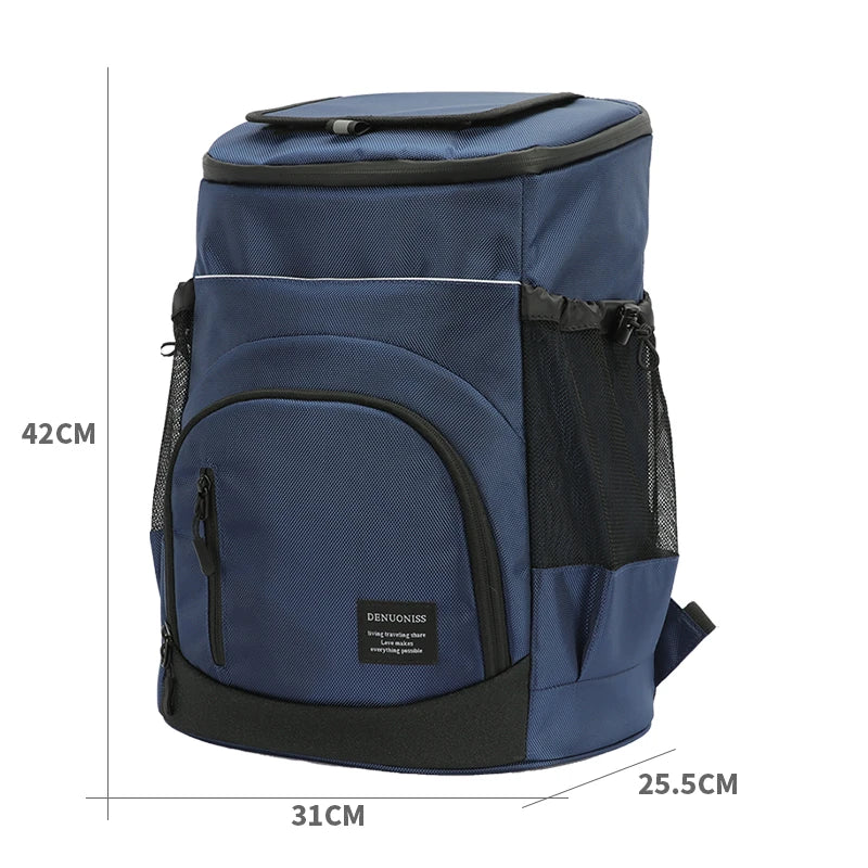 Blauer und schwarzer 33L Rucksack Kühltasche mit großen Fächern und ergonomischen Gurten, ideal für unterwegs.