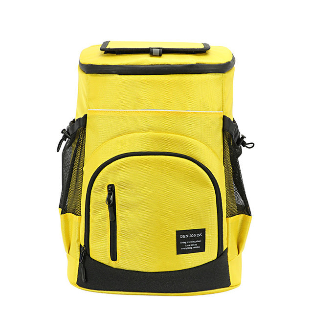 Blauer und schwarzer 33L Rucksack Kühltasche mit großen Fächern und ergonomischen Gurten, ideal für unterwegs.