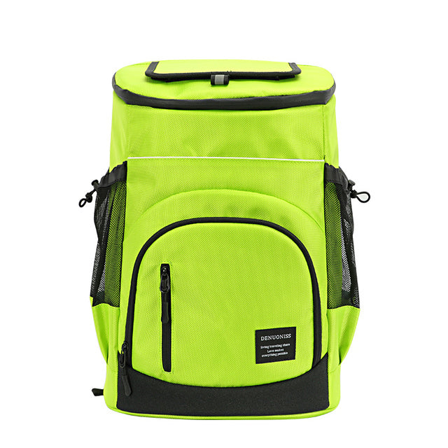 Blauer und schwarzer 33L Rucksack Kühltasche mit großen Fächern und ergonomischen Gurten, ideal für unterwegs.