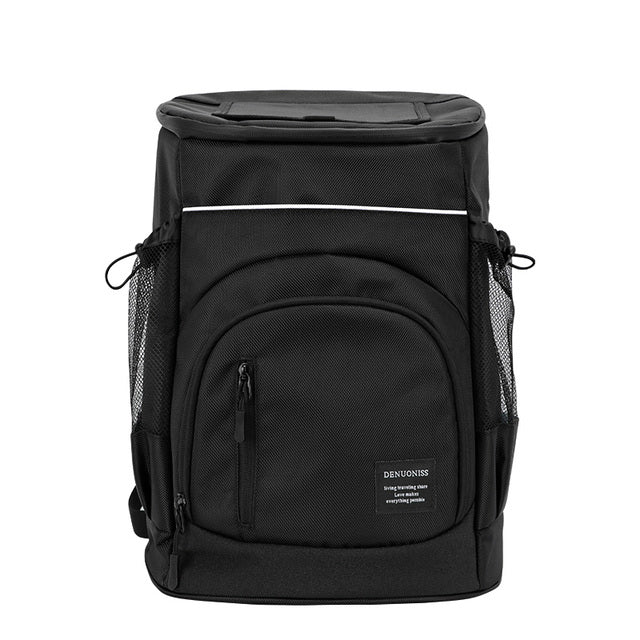 Blauer und schwarzer 33L Rucksack Kühltasche mit großen Fächern und ergonomischen Gurten, ideal für unterwegs.