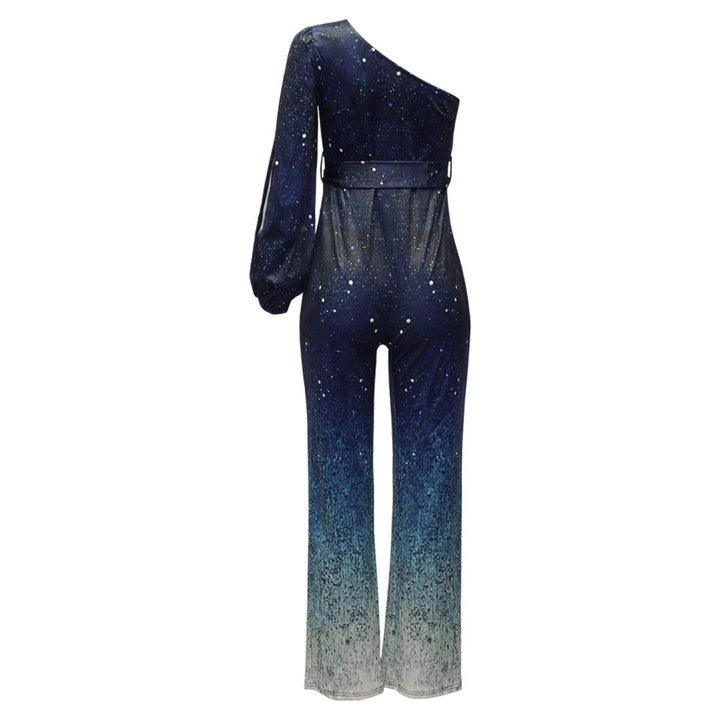 "Blaues Retro Disco-Outfit, asymmetrischer einarmiger Stil, Ombre-Hose, 70er Jahre inspiriertes Damen-Outfit"