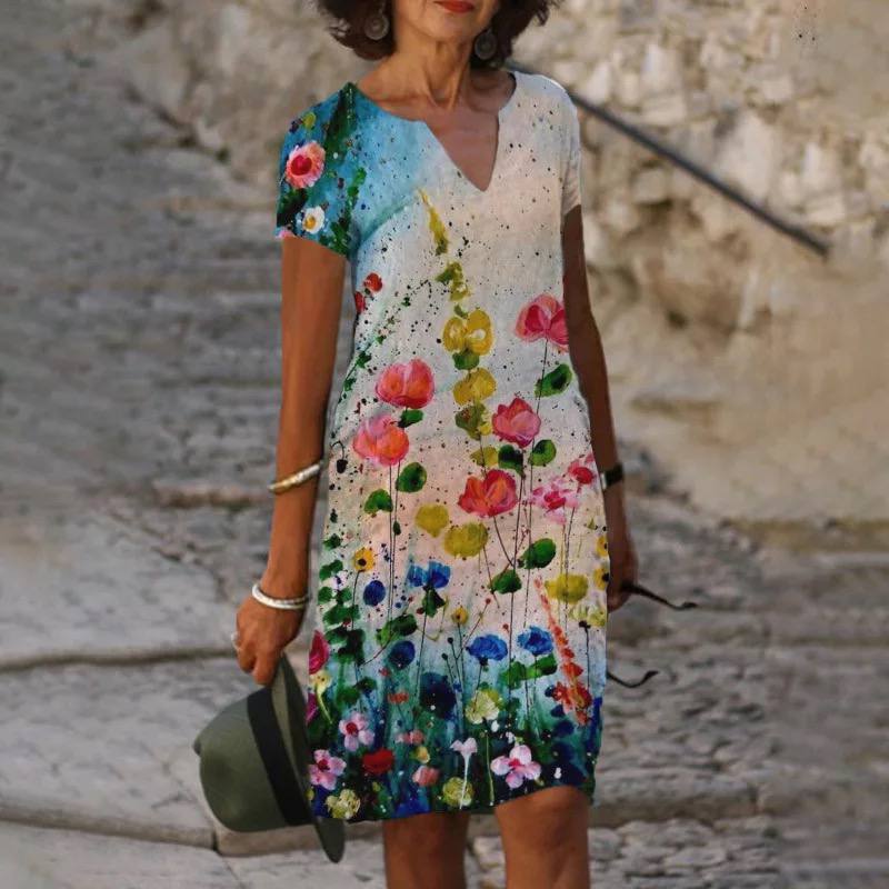 "Blumiges V-Ausschnitt Midi-Kleid Damen, florales Muster, elegant und bequem, ideal für Sommer und Gartenfeste"