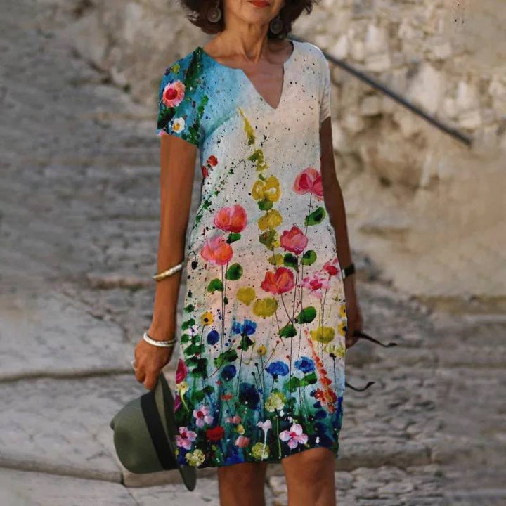 "Blumiges V-Ausschnitt Midi-Kleid Damen, florales Muster, elegant und bequem, ideal für Sommer und Gartenfeste"