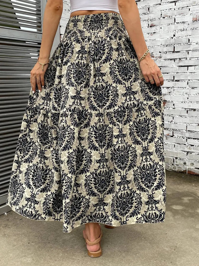 Boho Maxirock Damen, fließend mit Muster und raffinierter Taille, für elegante Looks in Schwarz, Rot oder Braun.