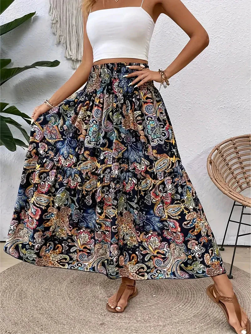 Boho Maxirock Damen, fließend mit Muster und raffinierter Taille, für elegante Looks in Schwarz, Rot oder Braun.