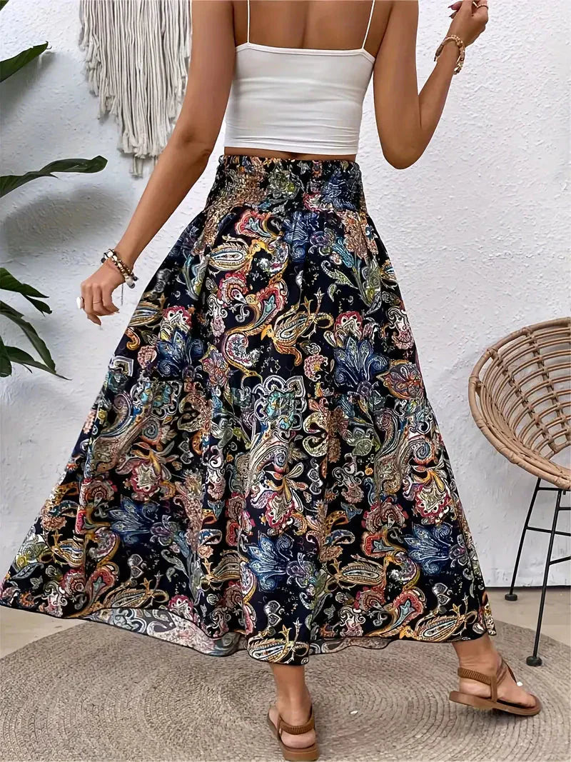 Boho Maxirock Damen, fließend mit Muster und raffinierter Taille, für elegante Looks in Schwarz, Rot oder Braun.
