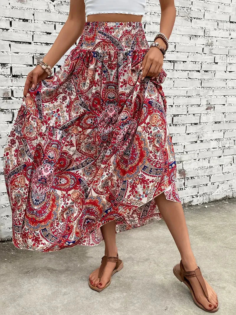 Boho Maxirock Damen, fließend mit Muster und raffinierter Taille, für elegante Looks in Schwarz, Rot oder Braun.