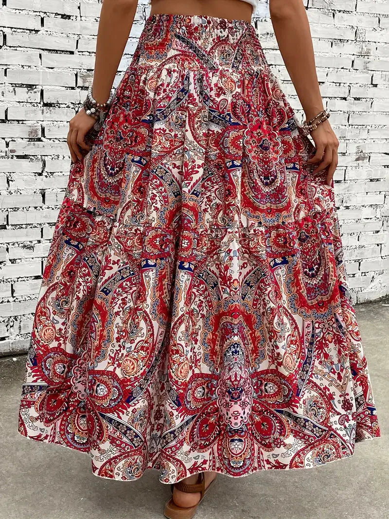 Boho Maxirock Damen, fließend mit Muster und raffinierter Taille, für elegante Looks in Schwarz, Rot oder Braun.