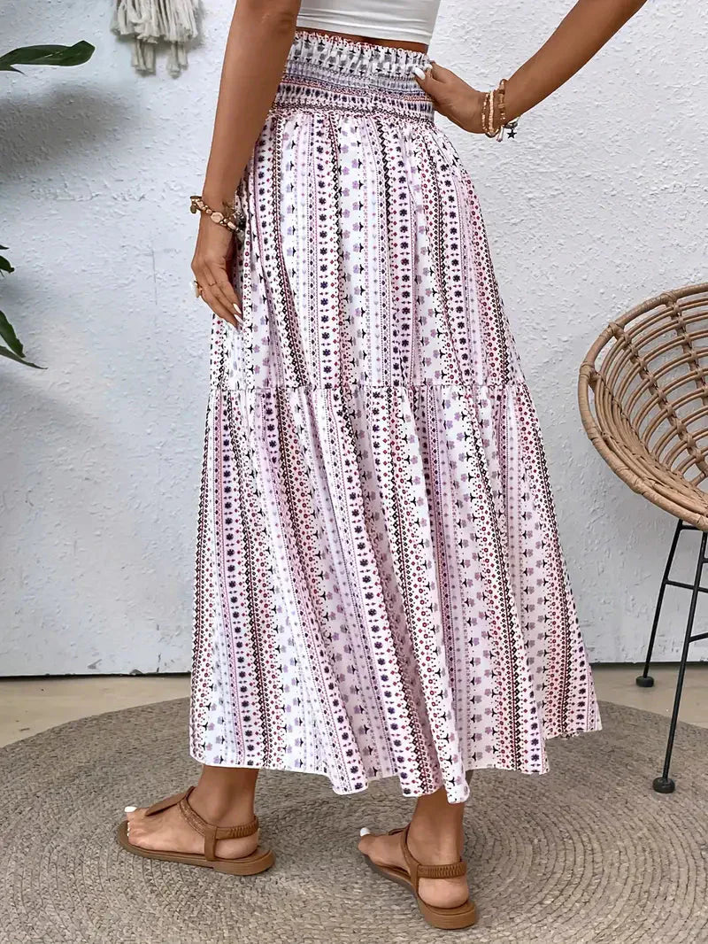 Boho Maxirock Damen, fließend mit Muster und raffinierter Taille, für elegante Looks in Schwarz, Rot oder Braun.