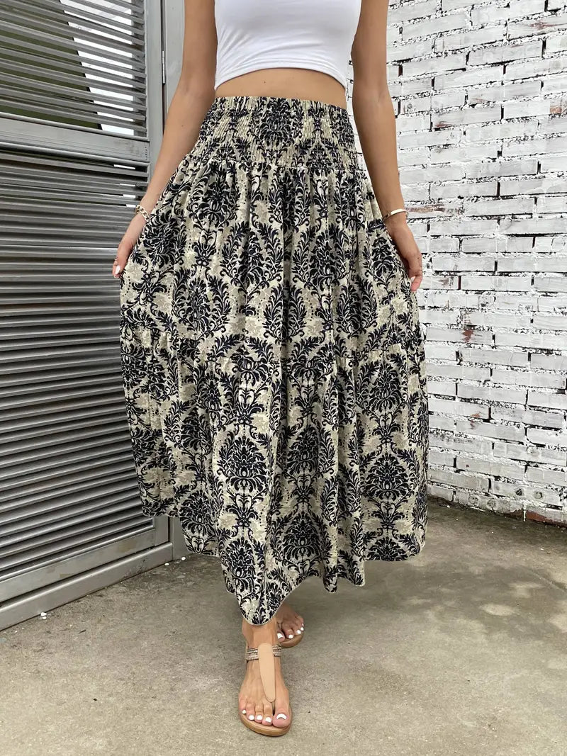 Boho Maxirock Damen, fließend mit Muster und raffinierter Taille, für elegante Looks in Schwarz, Rot oder Braun.