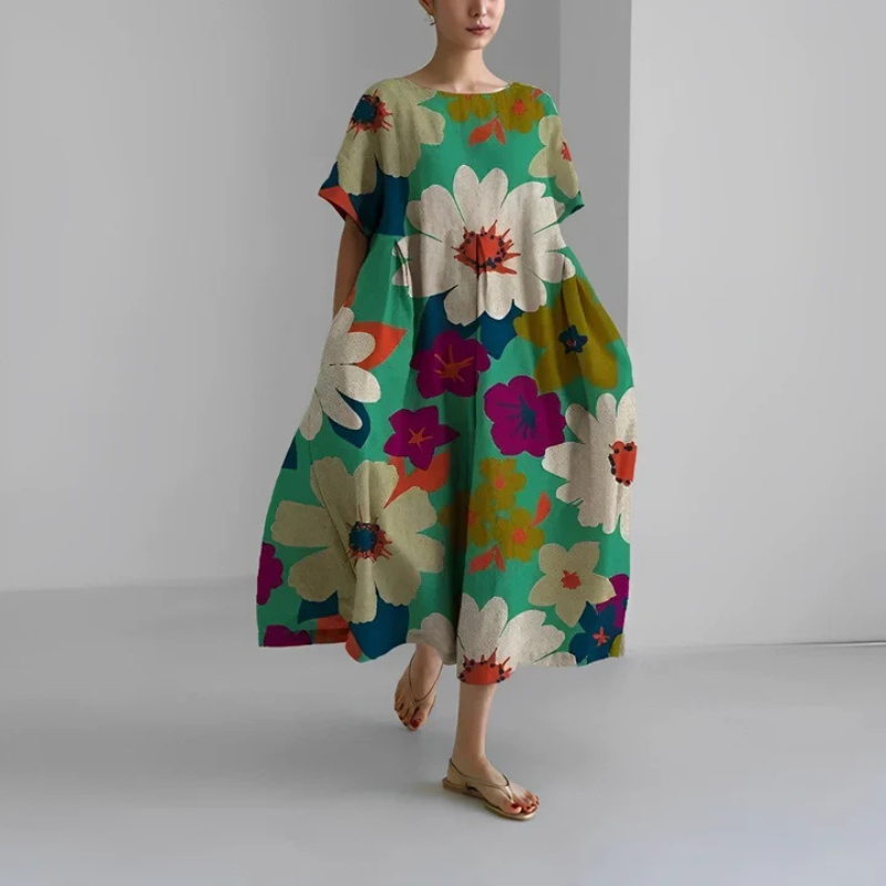 Boho-Midikleid für Damen mit zartem Blumenmuster, fließender Passform und vielseitigem Stil, perfekt für jeden Anlass.