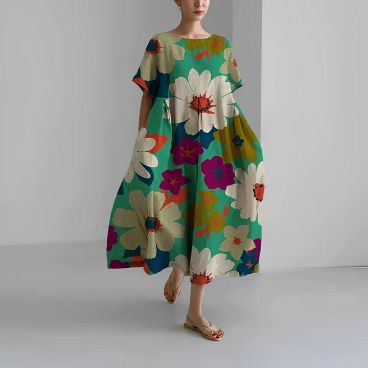 Boho-Midikleid für Damen mit zartem Blumenmuster, fließender Passform und vielseitigem Stil, perfekt für jeden Anlass.