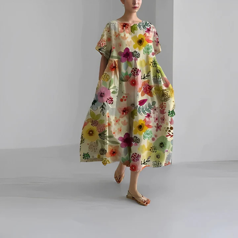 Boho-Midikleid für Damen mit zartem Blumenmuster, fließender Passform und vielseitigem Stil, perfekt für jeden Anlass.