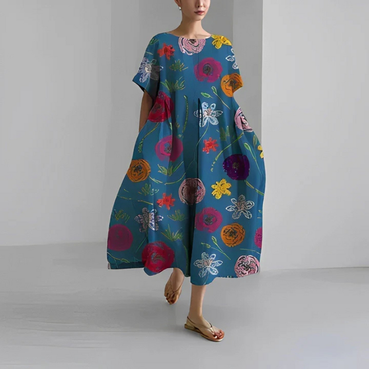 Boho-Midikleid für Damen mit zartem Blumenmuster, fließender Passform und vielseitigem Stil, perfekt für jeden Anlass.