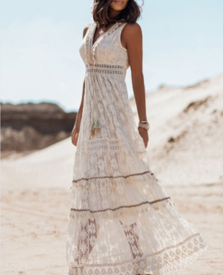 Boho-Spitzenkleid für Damen, knöchellang, V-Ausschnitt, ärmellos, feine Spitze, ideal für Sommer, elegant und bequem.