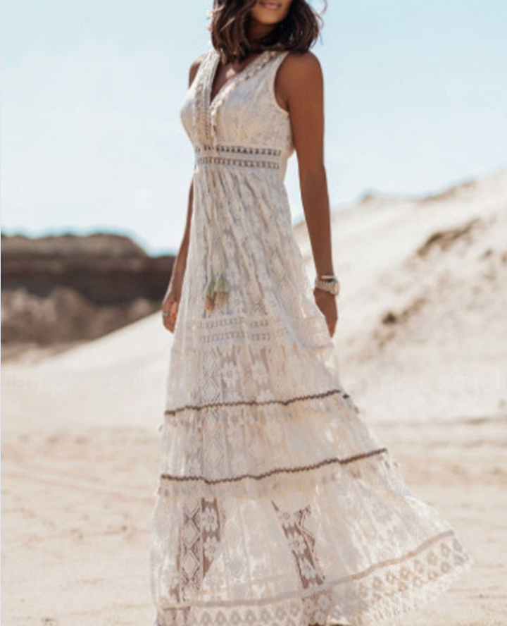 Boho-Spitzenkleid für Damen, knöchellang, V-Ausschnitt, ärmellos, feine Spitze, ideal für Sommer, elegant und bequem.