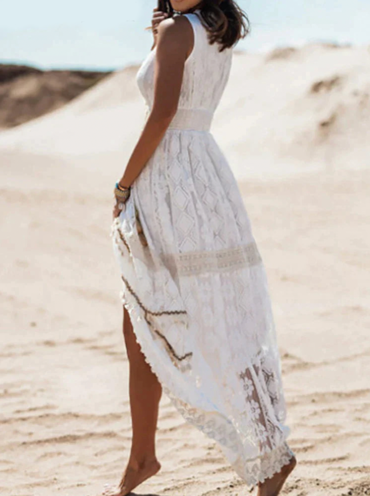 Boho-Spitzenkleid für Damen, knöchellang, V-Ausschnitt, ärmellos, feine Spitze, ideal für Sommer, elegant und bequem.
