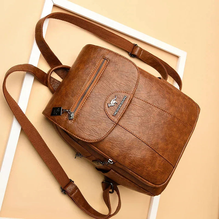 "Brauner diebstahlsicherer Lederrucksack mit großem Fassungsvermögen für Damen, stilvoll und elegant, perfekt für Alltag."