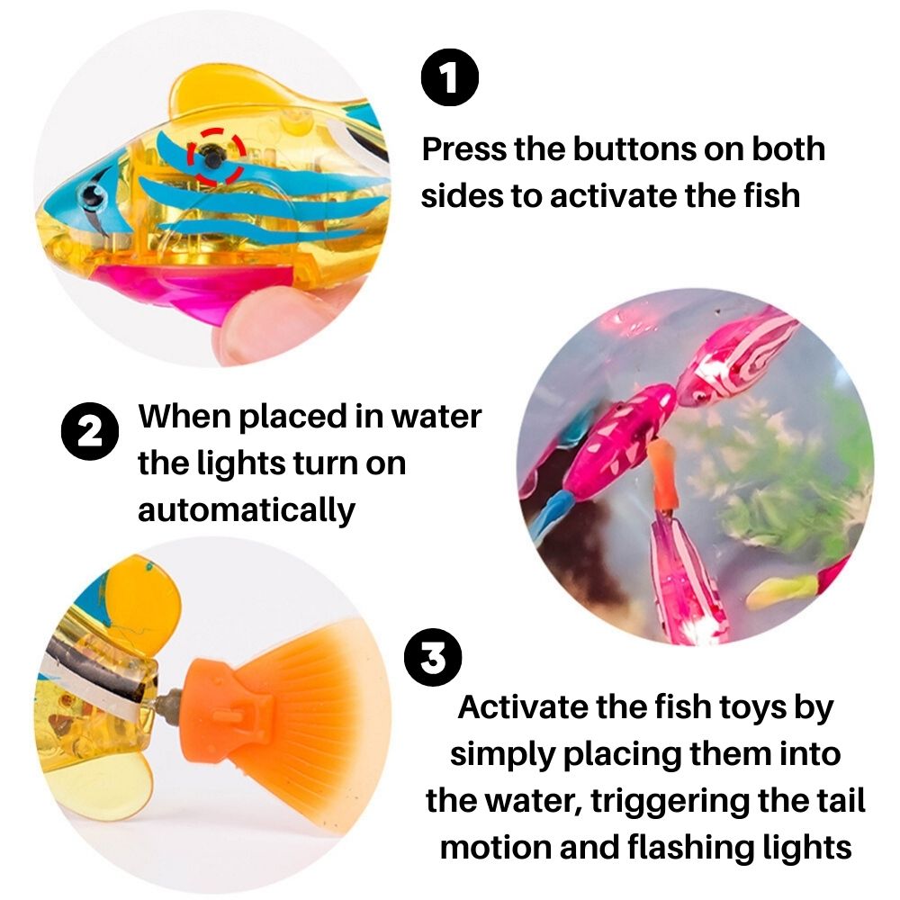 "Bunte, leuchtende Fisch-Spielzeuge in einem Glas, die lebensechte Bewegungen zeigen und das Jagdverhalten stimulieren."