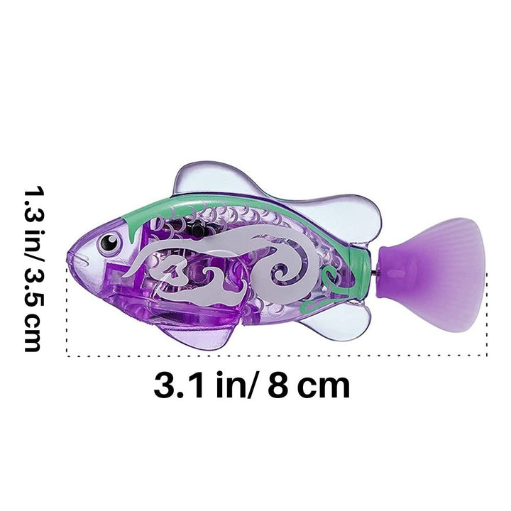 "Bunte, leuchtende Fisch-Spielzeuge in einem Glas, die lebensechte Bewegungen zeigen und das Jagdverhalten stimulieren."