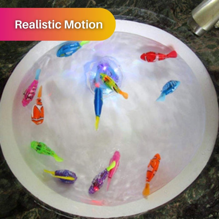 "Bunte, leuchtende Fisch-Spielzeuge in einem Glas, die lebensechte Bewegungen zeigen und das Jagdverhalten stimulieren."