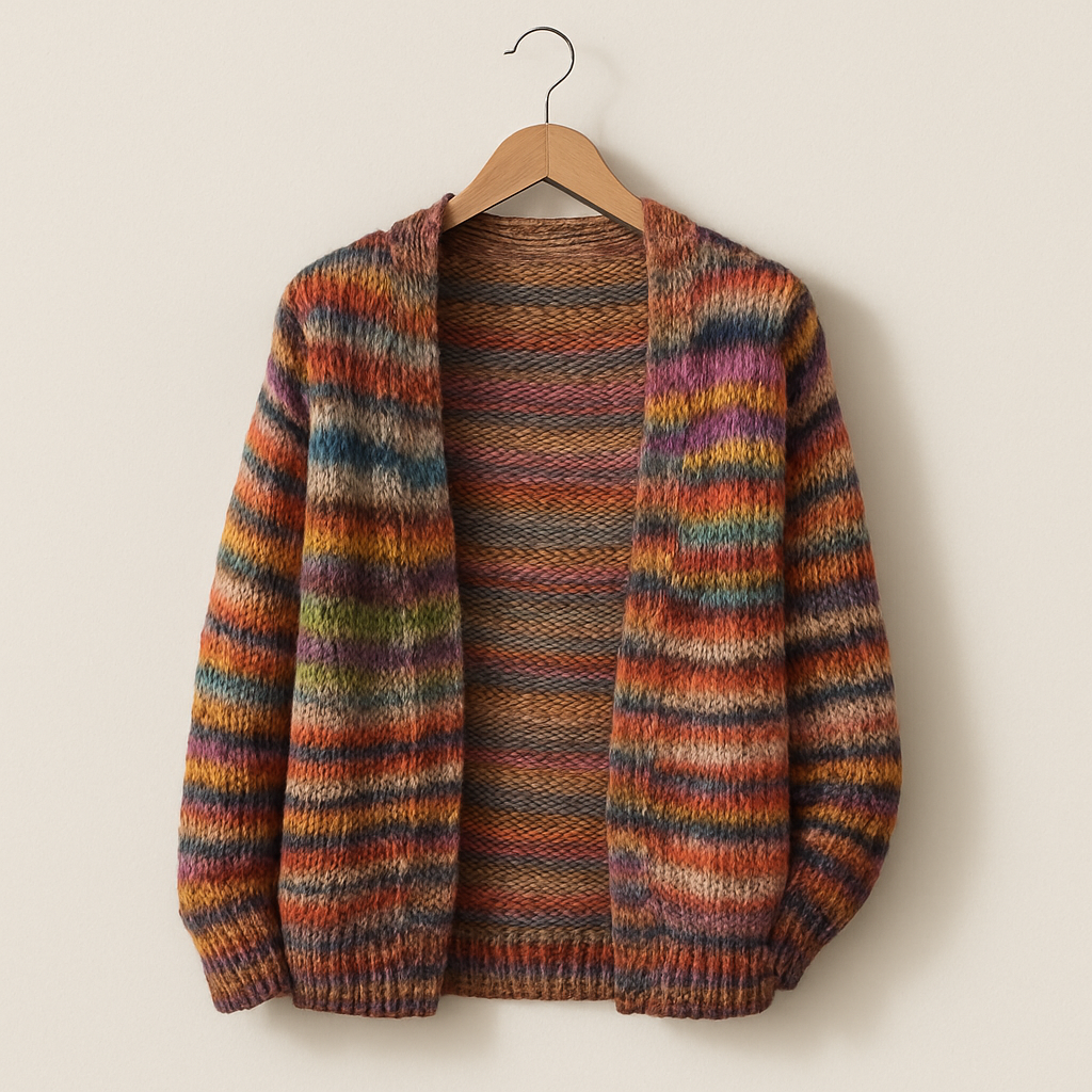 Bunte, warme Strickjacke; mehrfarbig, weich, stilvoll, ideal für Komfort und fröhlichen Look bei kühlen Temperaturen.