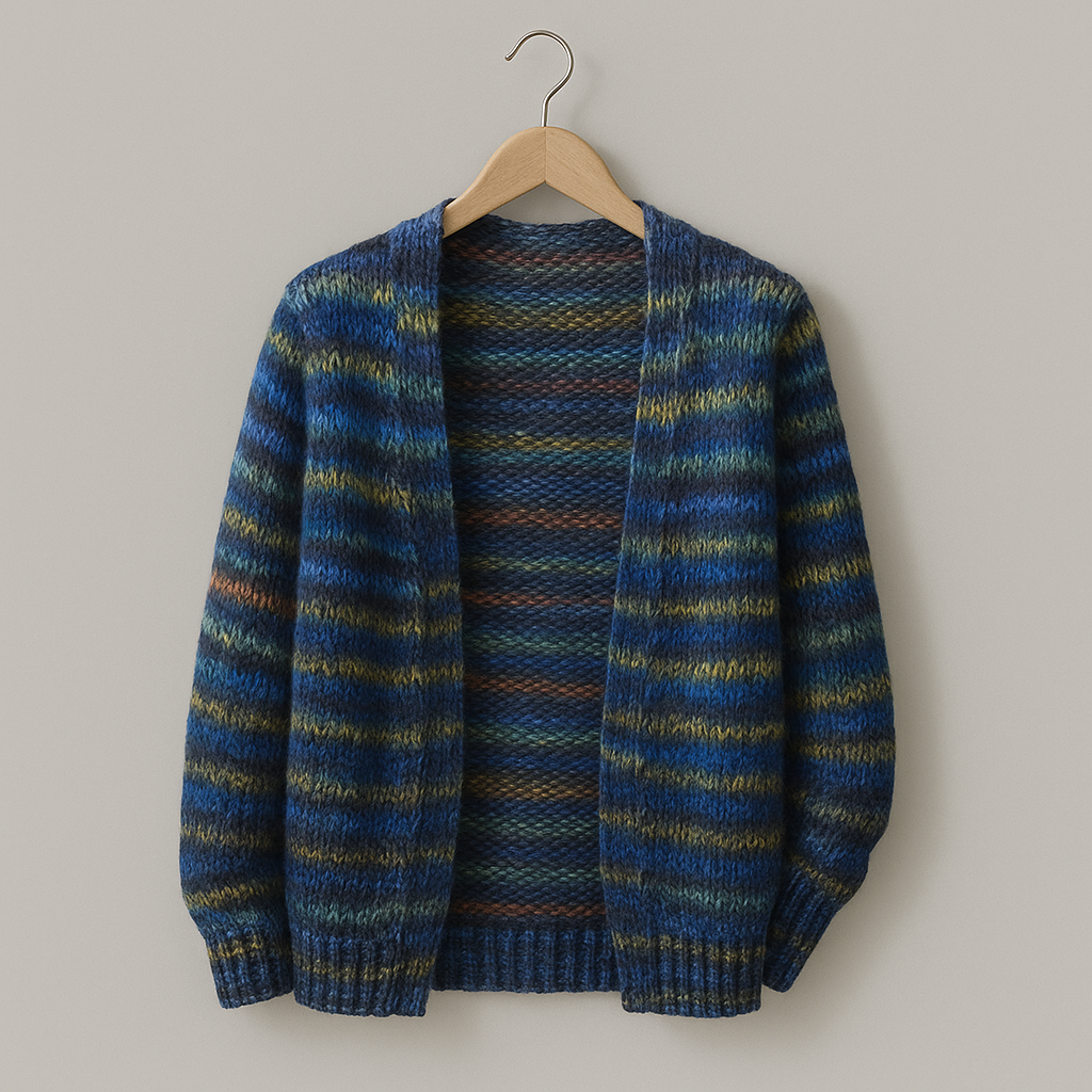 Bunte, warme Strickjacke; mehrfarbig, weich, stilvoll, ideal für Komfort und fröhlichen Look bei kühlen Temperaturen.