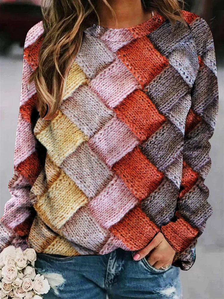 "Bunter Damen-Pullover mit Patchwork und warmen Herbstfarben, lässiger Sitz, lange Ärmel, ideal für gemütliche Tage."