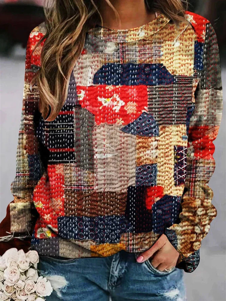 "Bunter Damen-Pullover mit Patchwork und warmen Herbstfarben, lässiger Sitz, lange Ärmel, ideal für gemütliche Tage."