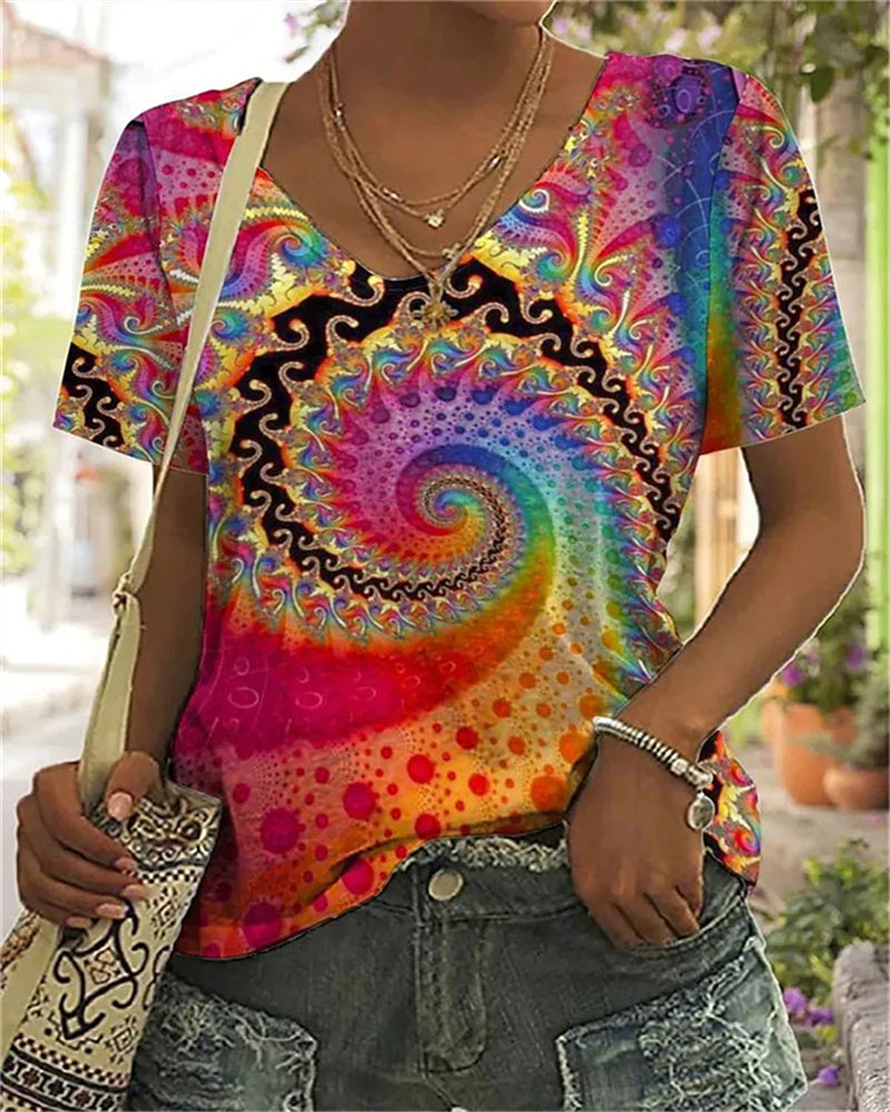 "Buntes Damen-Sommer-T-Shirt mit abstraktem Design, lebendige Farben, atmungsaktiv, ideal für Freizeit und Alltag"