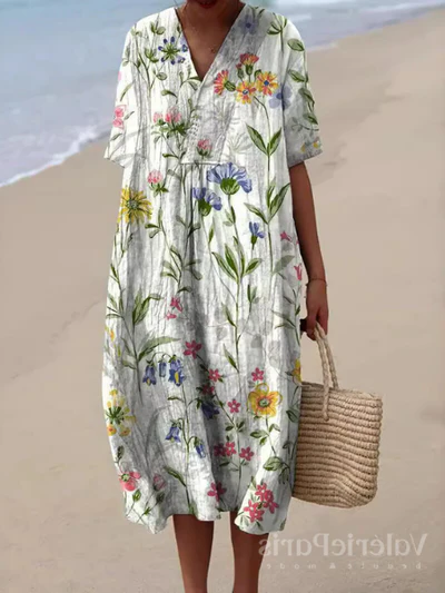 Buntes Sommerkleid mit Blumenmuster, leichte Eleganz, knielang, luftiger Stoff, ideal für warme Tage und sommerliche Events.