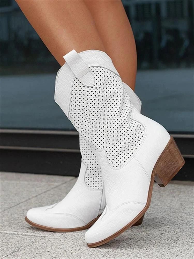 "Cowboy-Stiefel Damen aus Leder mit Perforationen und Blockabsatz, Seitenansicht, elegantes Design, bequemer Halt."