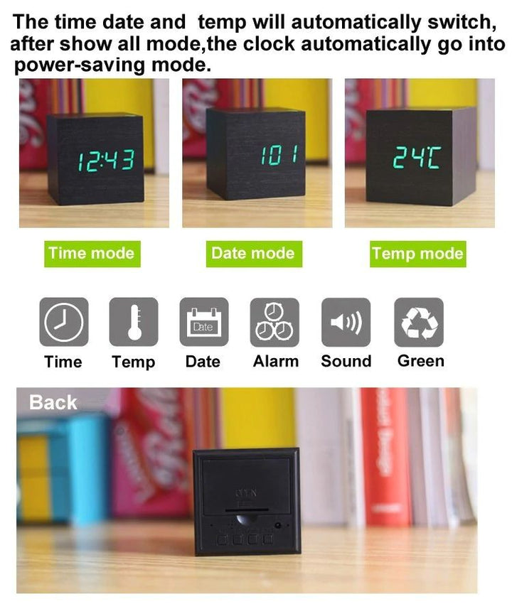 "Cube Digitale Tischuhr mit modernem Würfeldesign, leicht ablesbare digitale Anzeige, aus Bambus & Holz, kompakt 60x60x60 mm"