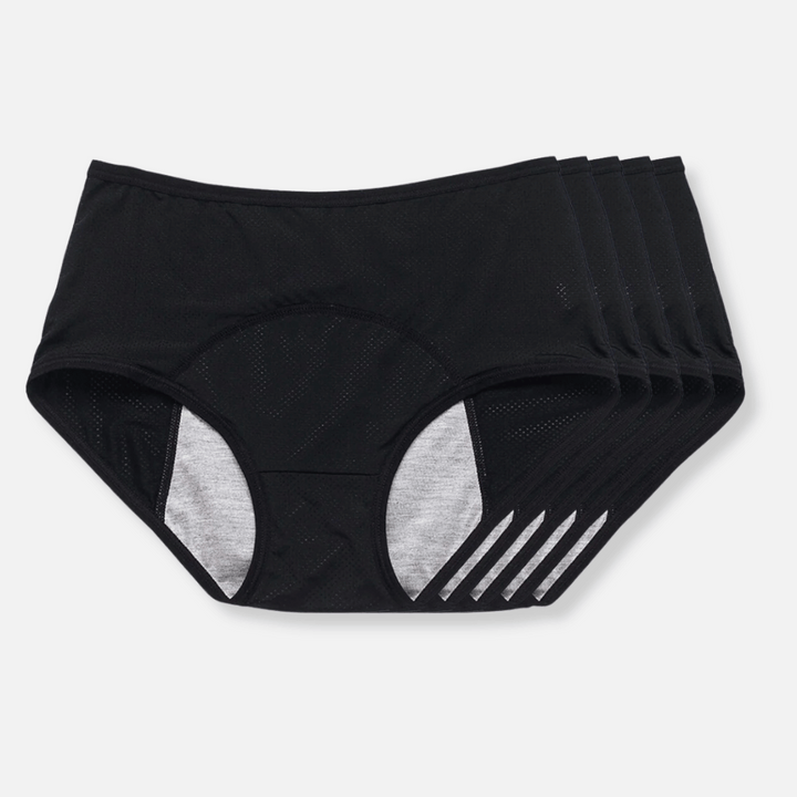 "Damen auslaufsichere Unterhose in Schwarz mit elegantem Design und mehreren Absorptionsschichten, maximale Diskretion."