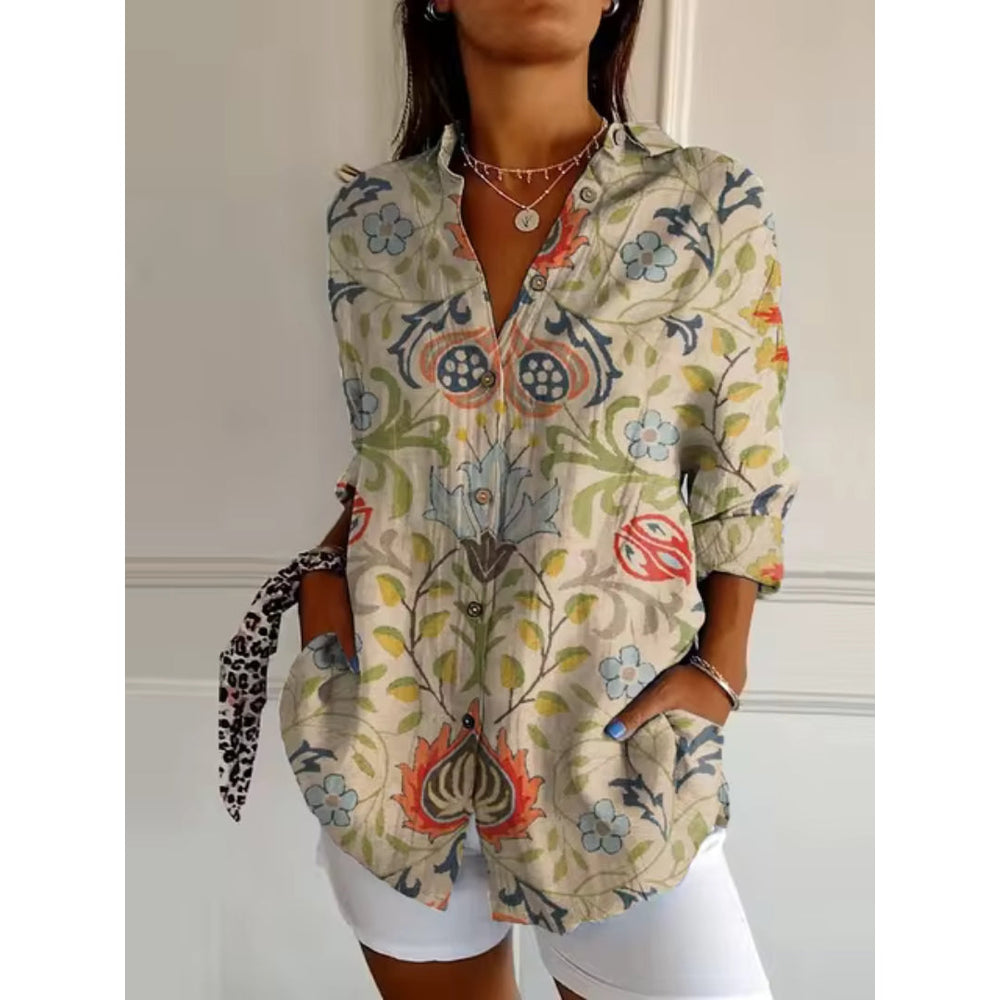"Damen Blumenshirt mit zartem Blumenmuster, Knopfleiste und langen Ärmeln, ideal für elegante und lässige Anlässe."