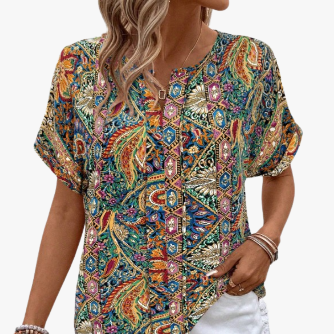 "Damen Bluse mit Blumendruck, vintage Stil, elegante Passform, weicher Stoff, perfekt für Büro oder besondere Anlässe."