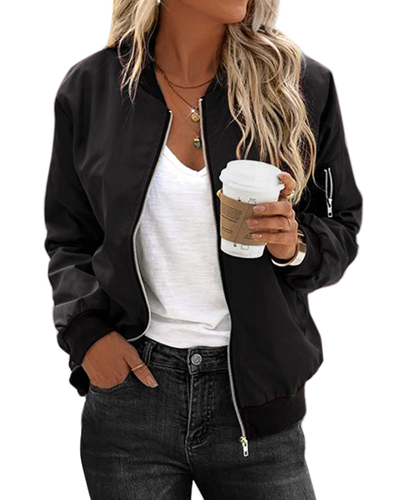 "Damen Bomberjacke, schwarz, klassischer Stil, bequem, vielseitig, modisch, passend für Alltag und besondere Anlässe."